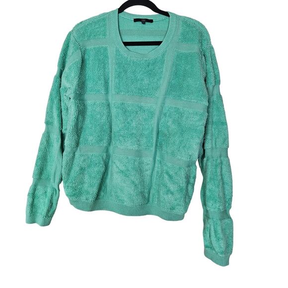 Tibi L Teal Green Crew Neck Pullover Fuzzy Sweater Check Preppy Casual - Picture 1 of 4